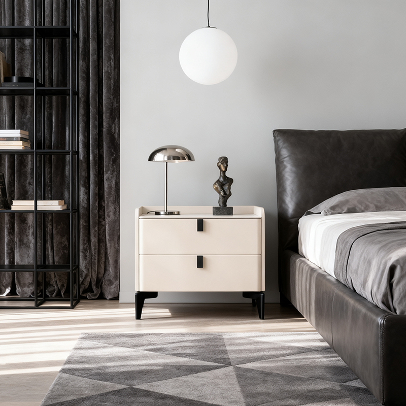 Contemporary Nordic Dual-Finish Nightstand - Square Sintered Stone Top Bedside Table For Bedroom