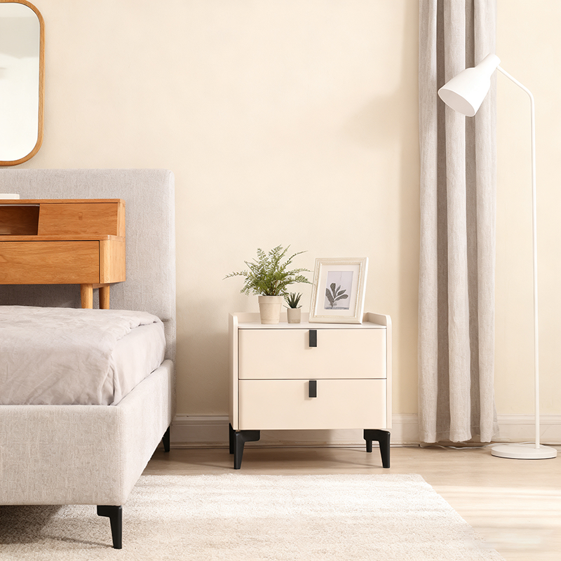 Contemporary Nordic Dual-Finish Nightstand - Square Sintered Stone Top Bedside Table For Bedroom