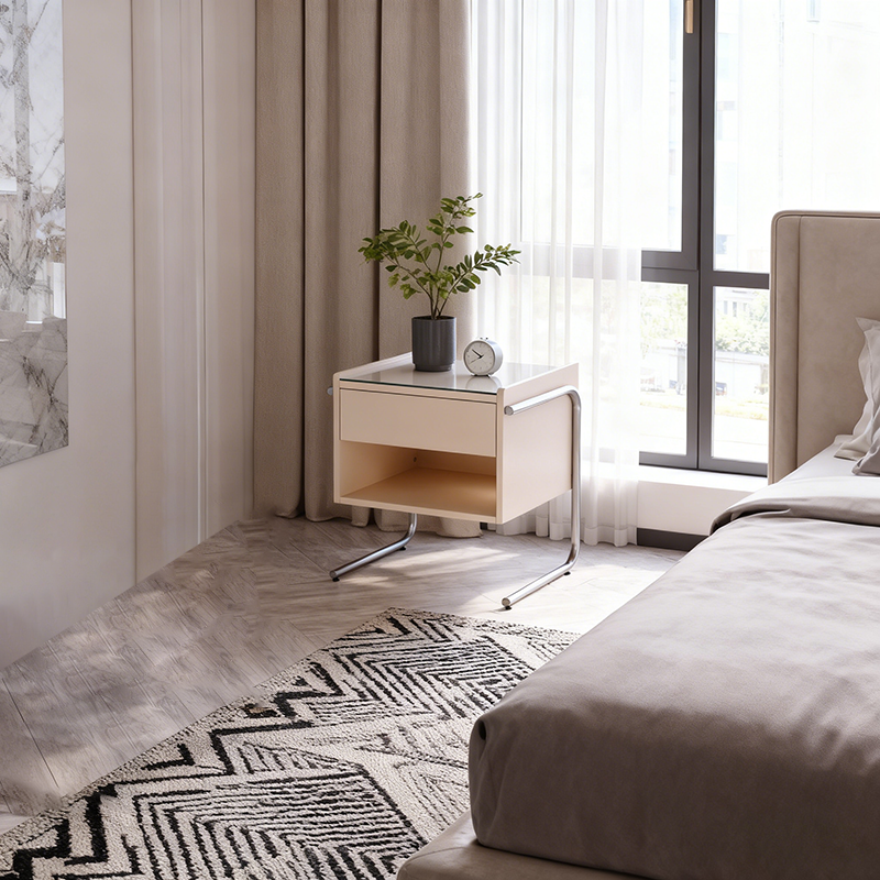 Contemporary Industrial Stainless Steel Bedside Table - 1 Drawer Open Shelf Nightstand For Bedroom