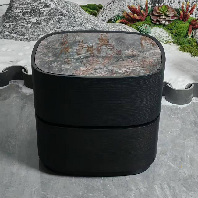 Traditional Vintage Oval Soft-Curve Bedside Table - Sintered Stone 2 Drawers Nightstand For Bedroom