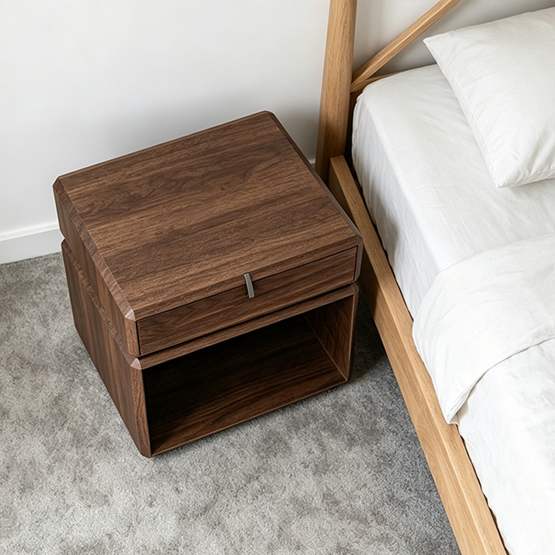 Table de chevet en contreplaqué plaqué au design géométrique épuré traditionnel chinois - table de nuit à 1 tiroir pour chambre à coucher 