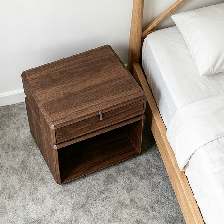 Table de chevet en contreplaqué plaqué au design géométrique épuré traditionnel chinois - table de nuit à 1 tiroir pour chambre à coucher 