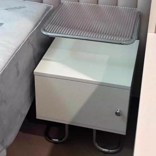 Modern Minimalist Acrylic Stainless Steel Solid Wood Curved Square Nightstand With 1-Cabinet For Bedroom