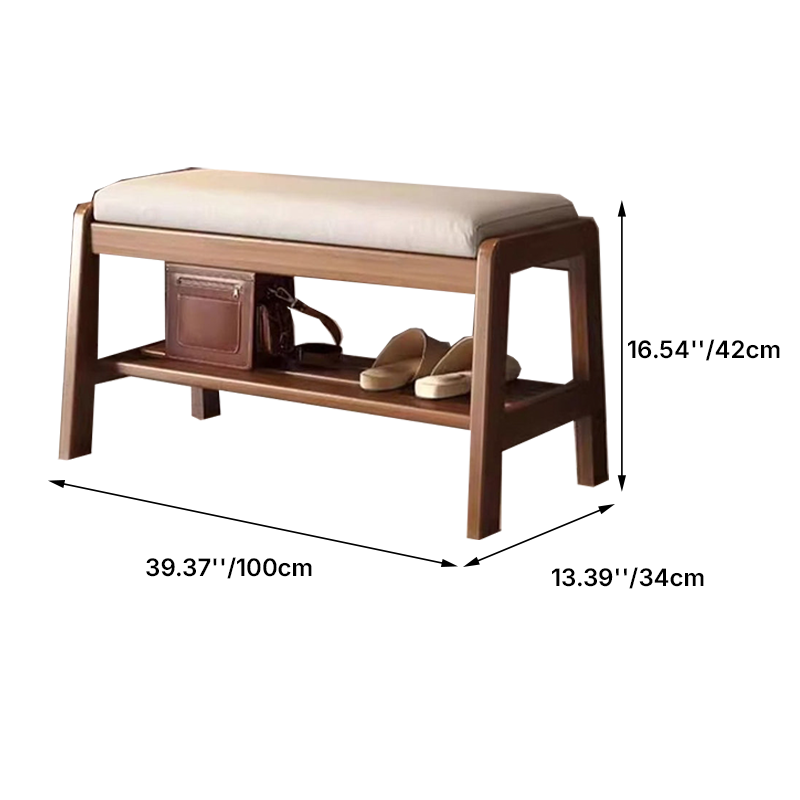 Banco zapatero rectangular de madera de caucho y cuero antirrayaduras estilo escandinavo contemporáneo con 1 estante para recibidores 