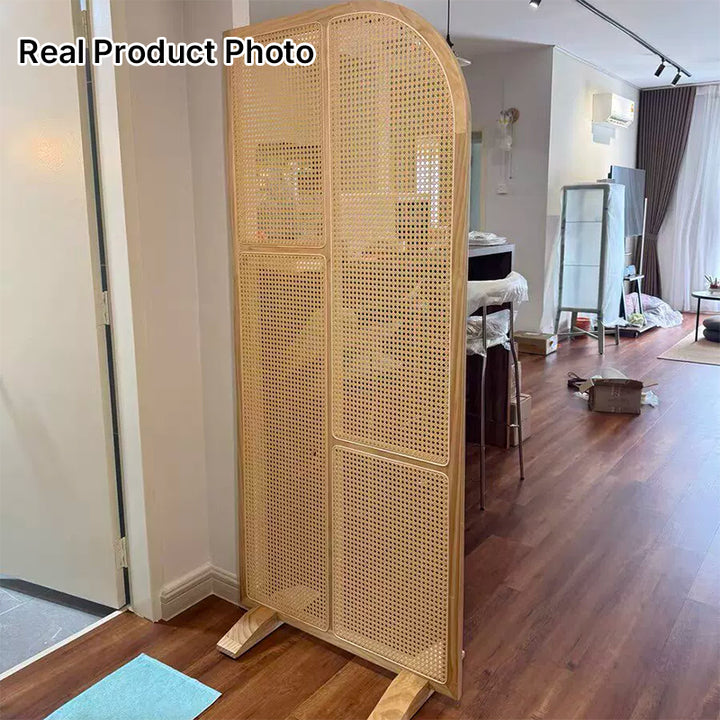 Traditional Japanese Curved Pine Wood PE Rattan Room Divider For Living Room