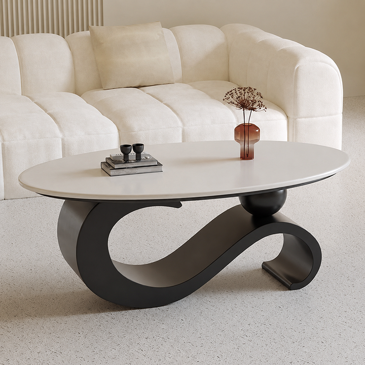 Moderner minimalistischer Ellipsen-Steinplatten-Eisentisch für das Wohnzimmer 