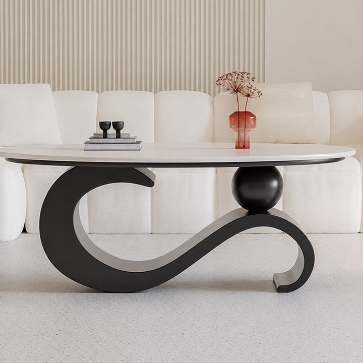 Moderner minimalistischer Ellipsen-Steinplatten-Eisentisch für das Wohnzimmer 