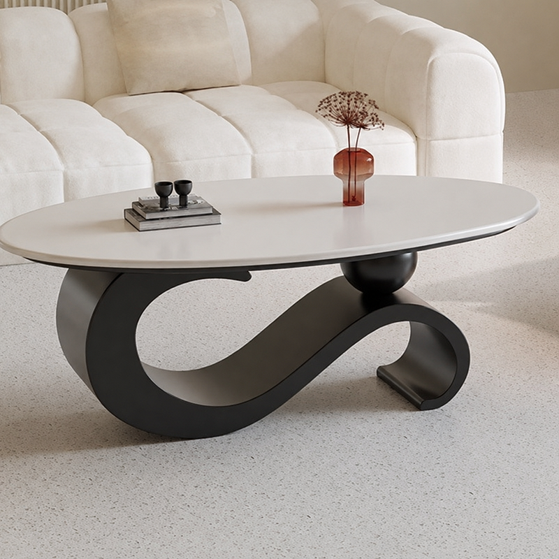Moderner minimalistischer Ellipsen-Steinplatten-Eisentisch für das Wohnzimmer 