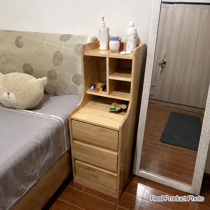 Modern Minimalist Square Rectangular Plywood Pine Wood Nightstand 3-Tier For Bedroom