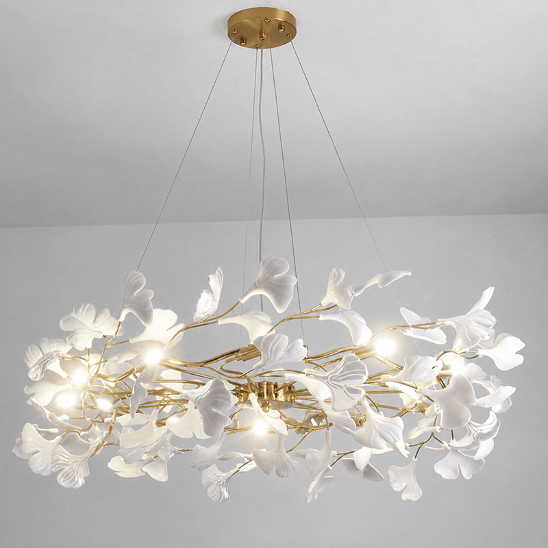 Dôme de feuille de ginkgo français traditionnel, dessus rectangulaire, rond, linéaire, fer, céramique, lustre à 6/8/10/12 lumières pour chambre 