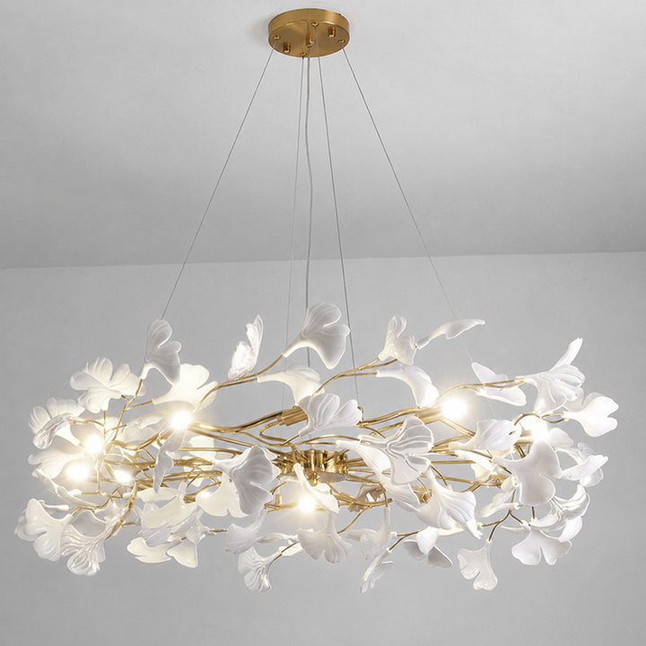 Dôme de feuille de ginkgo français traditionnel, dessus rectangulaire, rond, linéaire, fer, céramique, lustre à 6/8/10/12 lumières pour chambre 