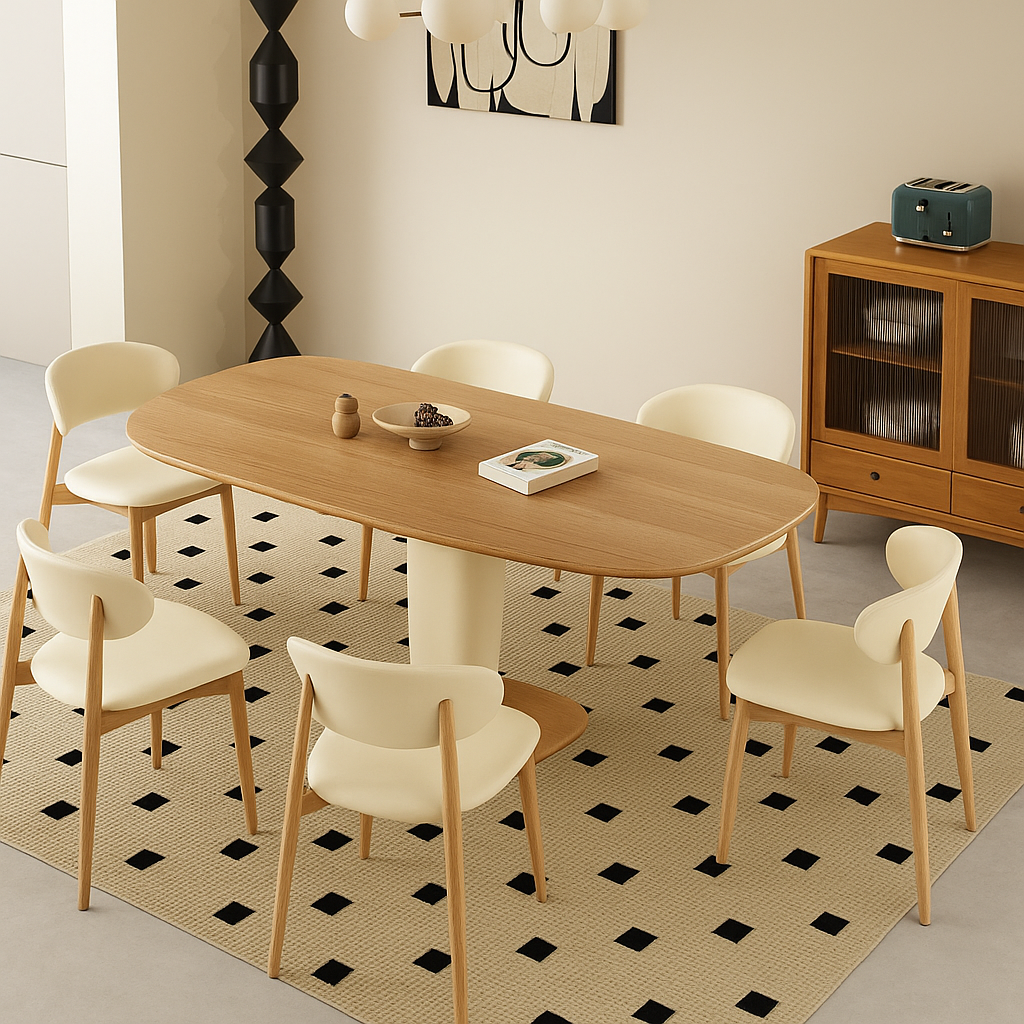 Traditional Japanese Elliptical Oak Wood Cat Scratch Leather Dining Table &amp; Chair Set For 4/6 Seats