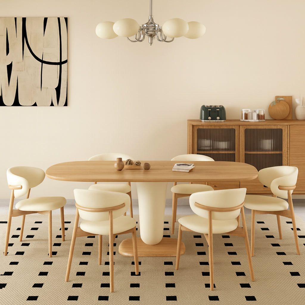 Traditional Japanese Elliptical Oak Wood Cat Scratch Leather Dining Table &amp; Chair Set For 4/6 Seats