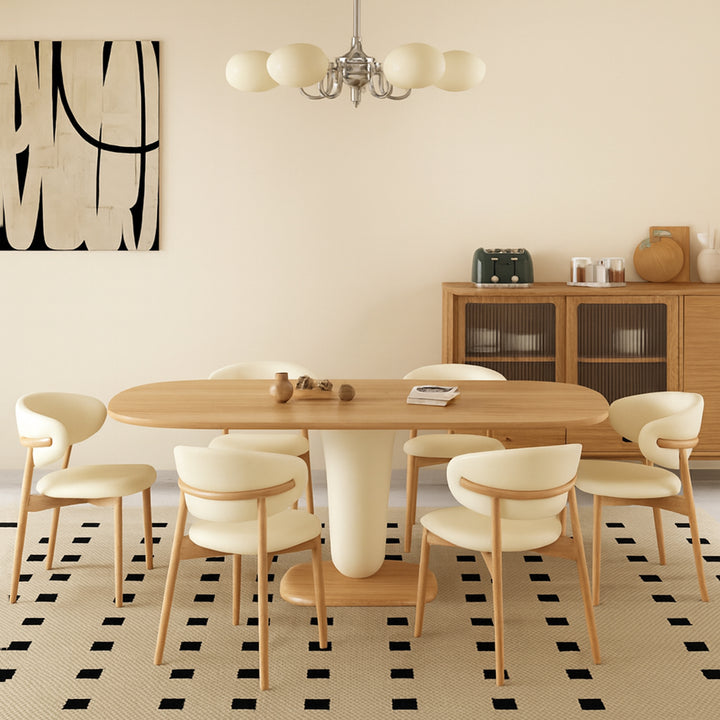 Traditional Japanese Elliptical Oak Wood Cat Scratch Leather Dining Table &amp; Chair Set For 4/6 Seats