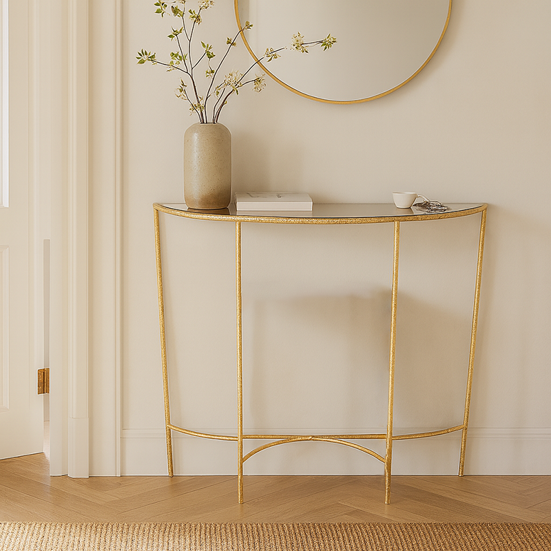 Modern Minimalist Curved Glass Iron Console Table 1-Tier For Entryways