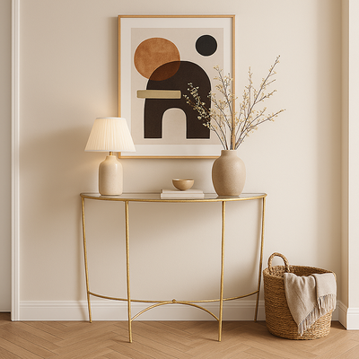 Modern Minimalist Curved Glass Iron Console Table 1-Tier For Entryways