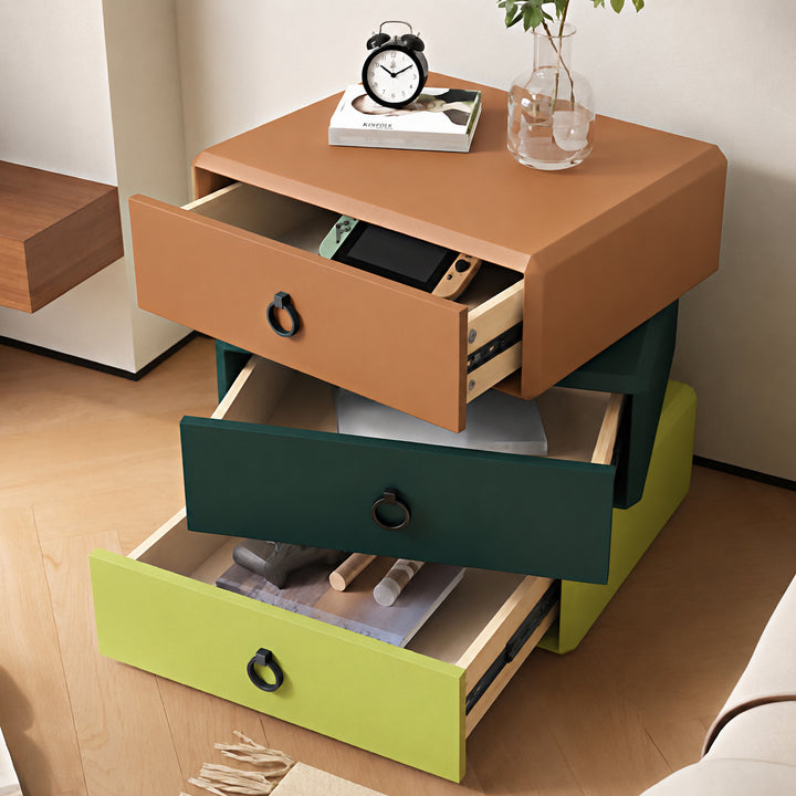 Table de chevet rectangulaire en bois massif, contreplaqué et cuir synthétique, style moderne minimaliste, avec design à 3 tiroirs rotatifs à 360° pour la chambre 