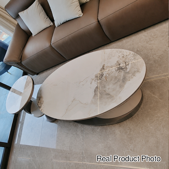 Table basse ovale moderne de luxe en acier inoxydable avec plateau en pierre et 1 tiroir pour salon 