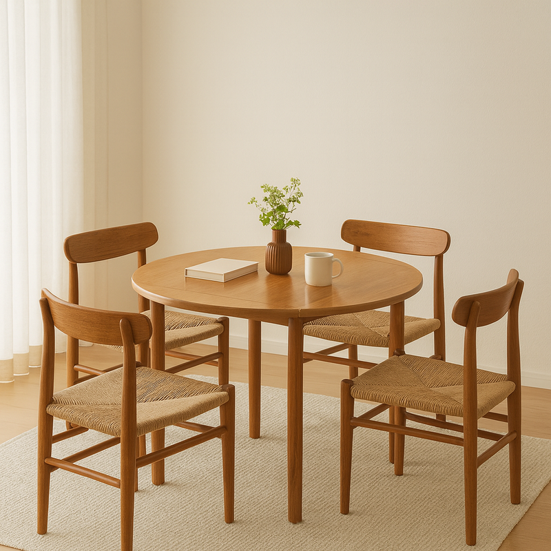 Modern Minimalist Round Square Solid Wood Foldable Dining Table & Chair Set For 4 Seats