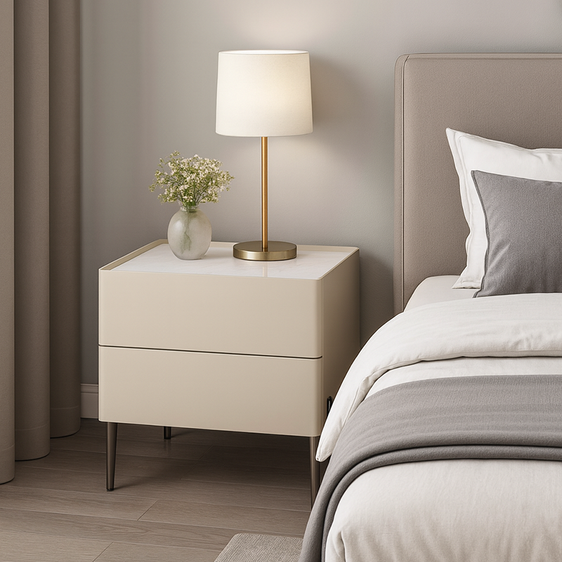 Contemporary Scandinavian Square Cream White 2-Drawer Storage Nightstand - Stone Slab Top Bedside Table For Bedroom