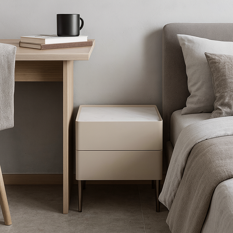 Contemporary Scandinavian Square Cream White 2-Drawer Storage Nightstand - Stone Slab Top Bedside Table For Bedroom