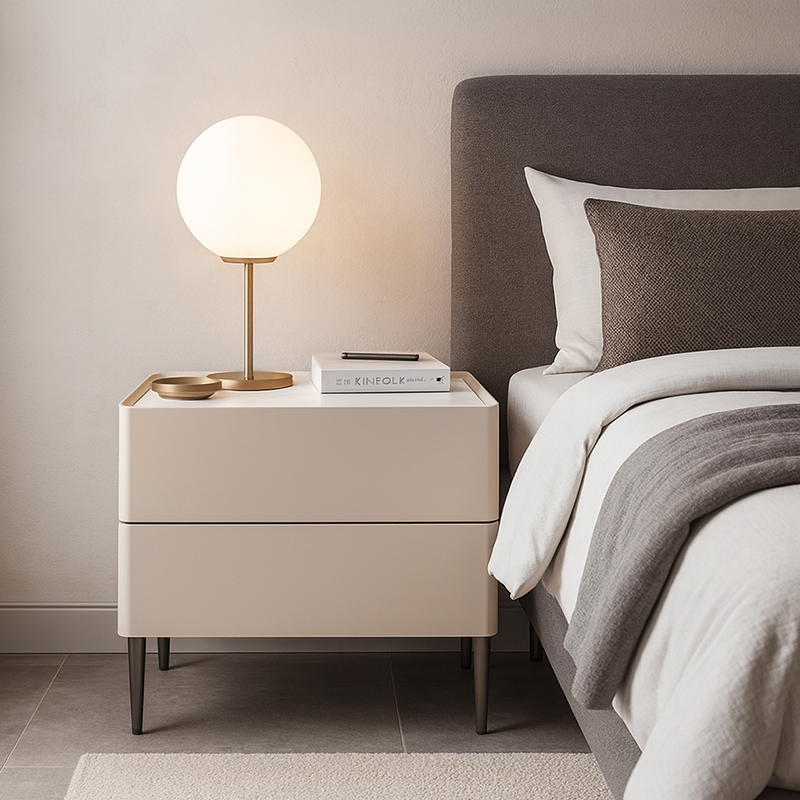 Contemporary Scandinavian Square Cream White 2-Drawer Storage Nightstand - Stone Slab Top Bedside Table For Bedroom
