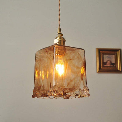 Zeitgenössische Retro Messing geometrische quadratische Bernstein Glas Schatten 1-Licht Pendelleuchte für Wohnzimmer