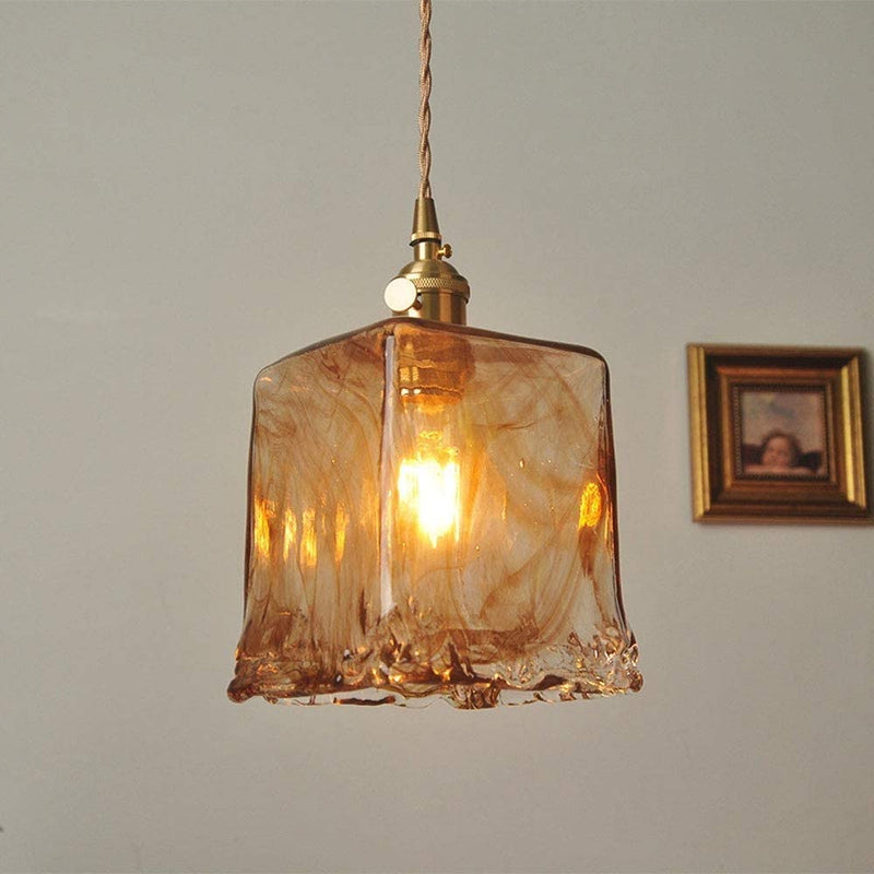Zeitgenössische Retro Messing geometrische quadratische Bernstein Glas Schatten 1-Licht Pendelleuchte für Wohnzimmer