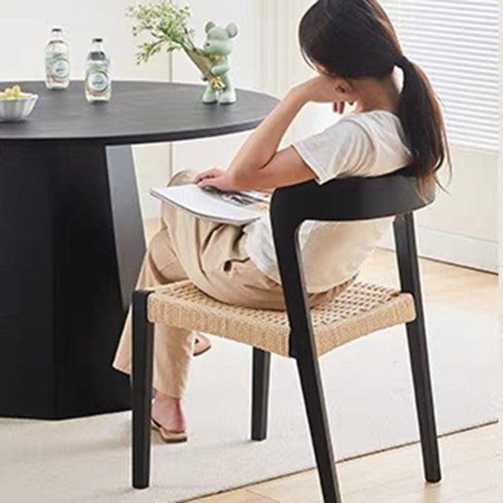 Contemporary Scandinavian Kraft Paper Rope Rubberwood Dining Chair Backrest Armless For Dining Room