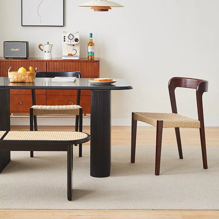 Contemporary Scandinavian Kraft Paper Rope Rubberwood Dining Chair Backrest Armless For Dining Room