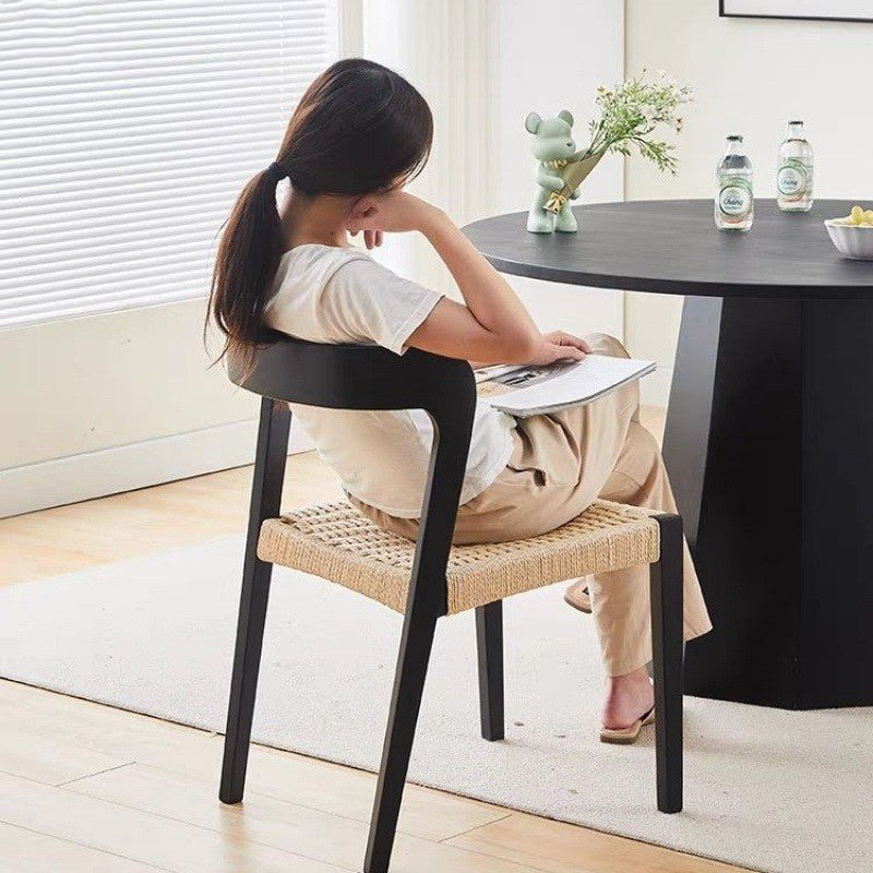 Contemporary Scandinavian Kraft Paper Rope Rubberwood Dining Chair Backrest Armless For Dining Room