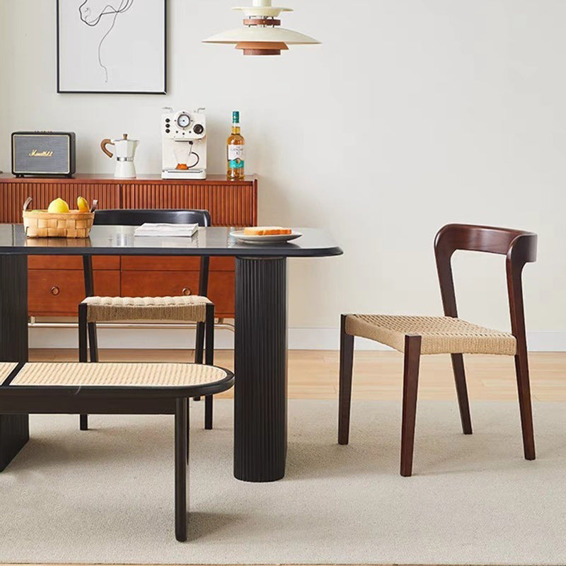 Contemporary Scandinavian Kraft Paper Rope Rubberwood Dining Chair Backrest Armless For Dining Room