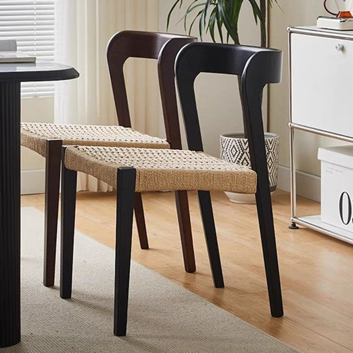 Contemporary Scandinavian Kraft Paper Rope Rubberwood Dining Chair Backrest Armless For Dining Room