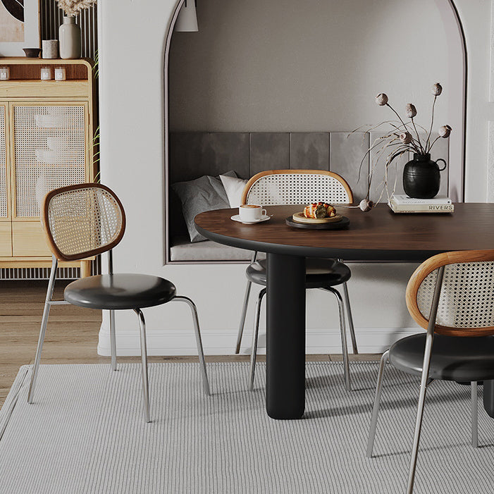 Contemporary Boho Round Curved PU Leather PP Rattan Stainless Steel Dining Chair Backrest Armless For Dining Room