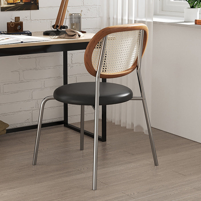 Contemporary Boho Round Curved PU Leather PP Rattan Stainless Steel Dining Chair Backrest Armless For Dining Room