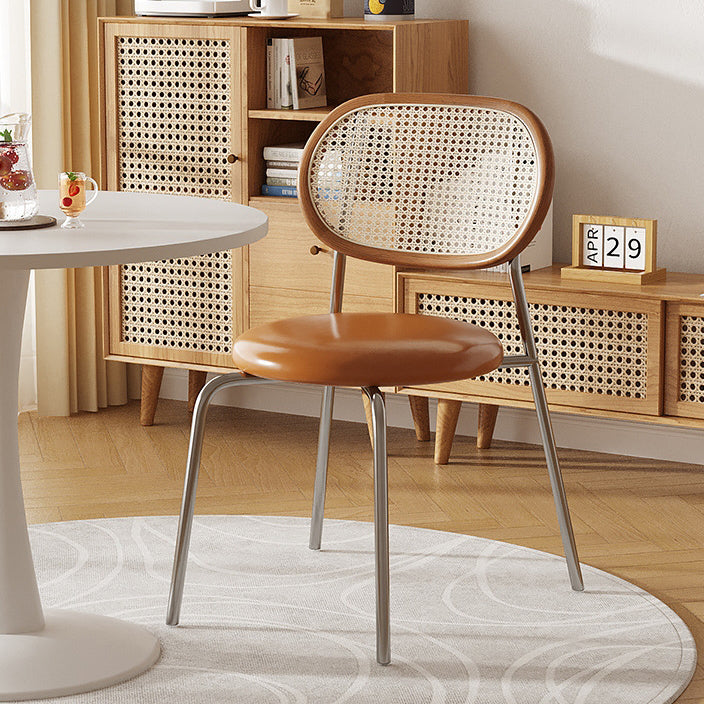 Contemporary Boho Round Curved PU Leather PP Rattan Stainless Steel Dining Chair Backrest Armless For Dining Room