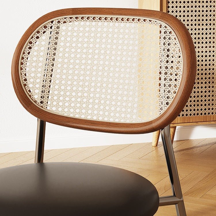 Contemporary Boho Round Curved PU Leather PP Rattan Stainless Steel Dining Chair Backrest Armless For Dining Room