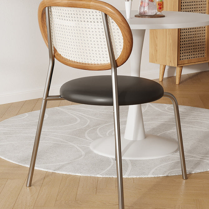 Contemporary Boho Round Curved PU Leather PP Rattan Stainless Steel Dining Chair Backrest Armless For Dining Room