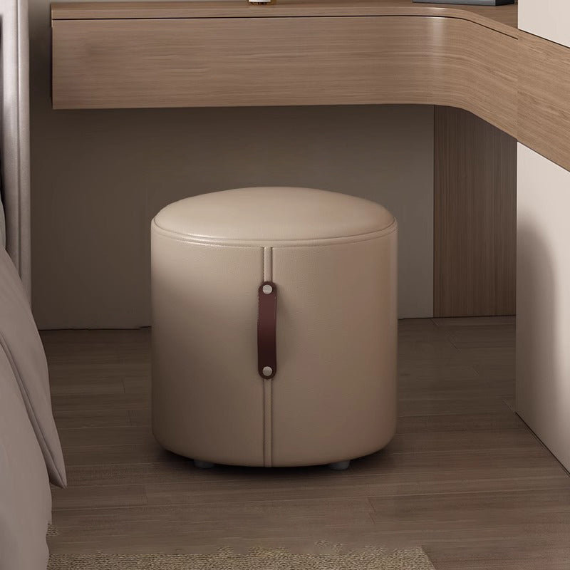 Zeitgenössischer nordischer Zylinder tragbarer Leder Massivholz Schminkhocker ohne Rückenlehne und Armlehnen für das Schlafzimmer 