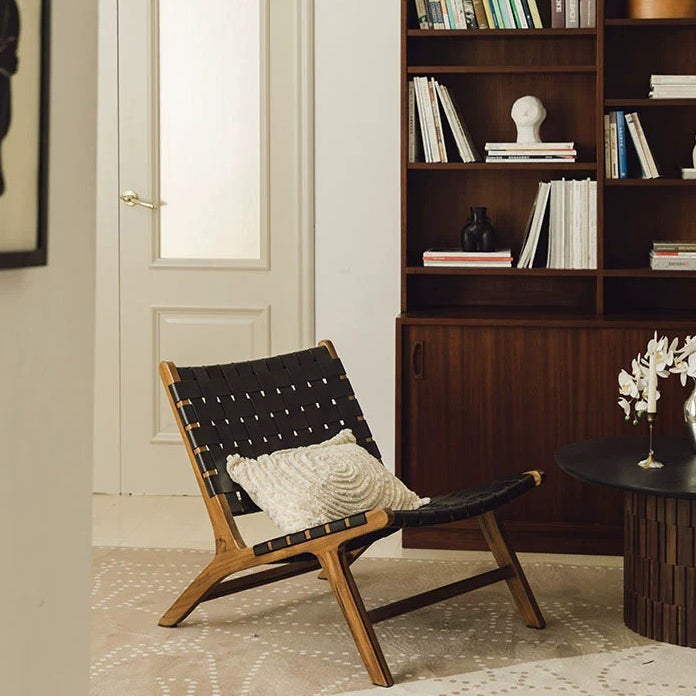 Contemporary Boho Leather Solid Wood Chair Backrest Armless For Living Room