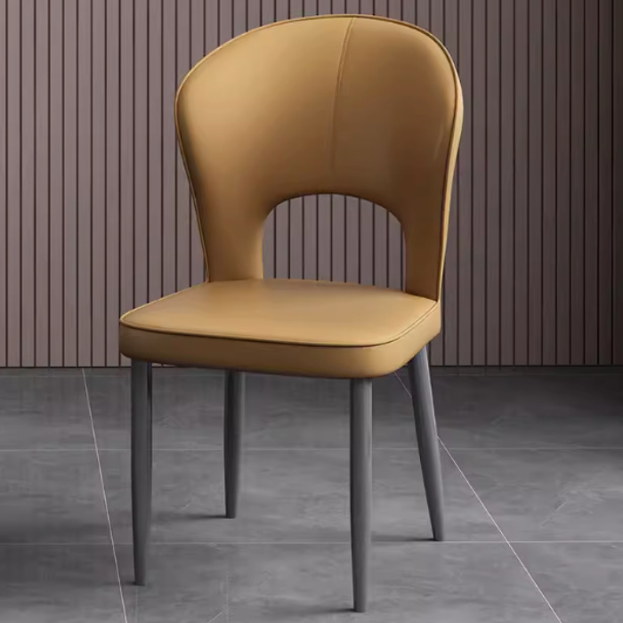 Silla de comedor contemporánea escandinava de cuero sintético y acero al carbono, respaldo sin brazos para comedor 