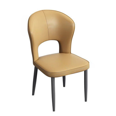 Silla de comedor contemporánea escandinava de cuero sintético y acero al carbono, respaldo sin brazos para comedor 