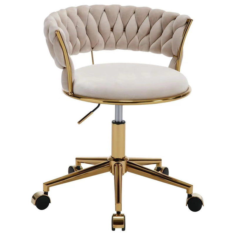Taburete de tocador sin brazos con respaldo de terciopelo enrollado nórdico contemporáneo con herrajes de hierro para dormitorio 
