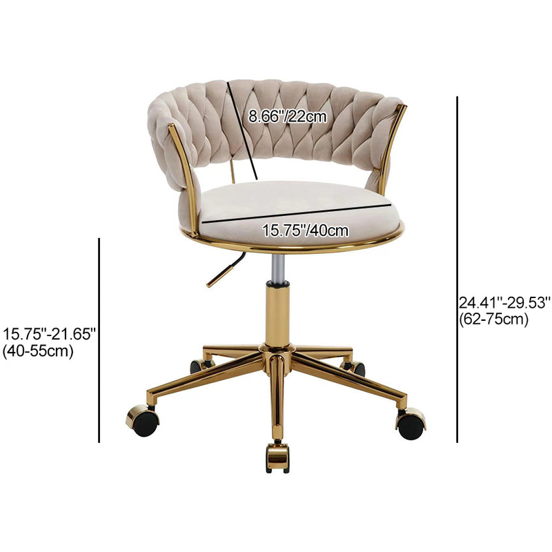 Taburete de tocador sin brazos con respaldo de terciopelo enrollado nórdico contemporáneo con herrajes de hierro para dormitorio 