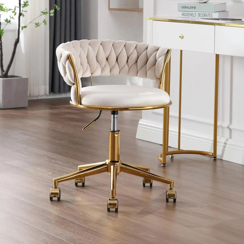 Taburete de tocador sin brazos con respaldo de terciopelo enrollado nórdico contemporáneo con herrajes de hierro para dormitorio 