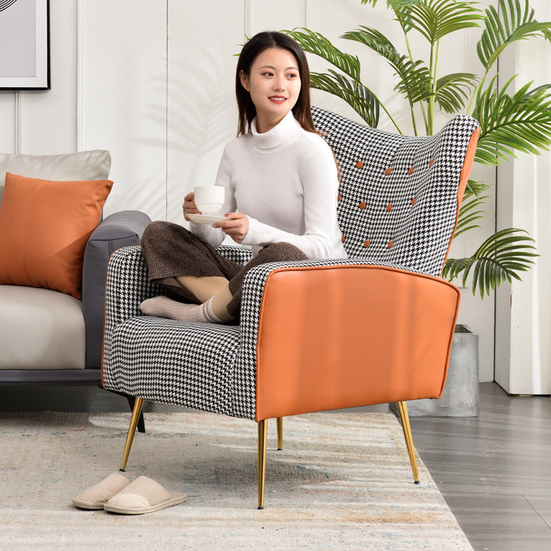 Contemporary Scandinavian Electroplating Metal Solid Wood Fabric Leather Accent Chair Backrest Armrest Footrest For Living Room