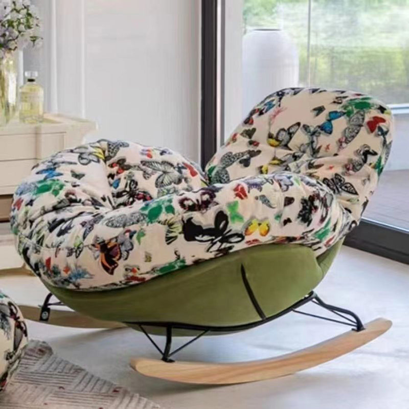 Reclinable contemporáneo de terciopelo nórdico con hierro y pino, respaldo ovalado curvado y apoyabrazos para sala de estar 