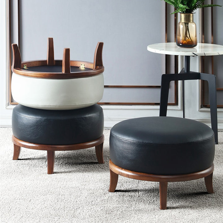 Pouf sans dossier ni accoudoirs en similicuir aspect frêne, contemporain nordique, rond et carré, pour salon 