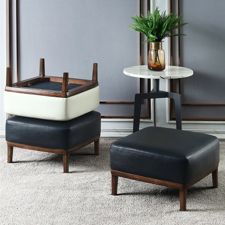Pouf sans dossier ni accoudoirs en similicuir aspect frêne, contemporain nordique, rond et carré, pour salon 