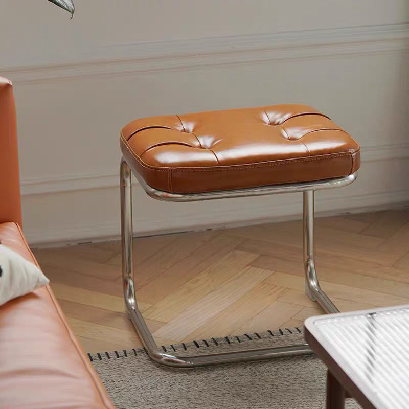 Traditional French Square Geometry Leather Iron Footstool Backless Armless For Entryway